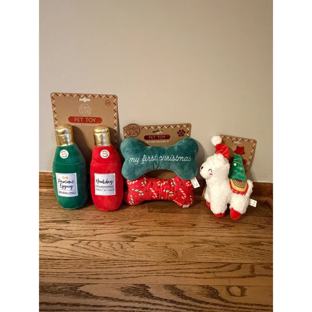 Winifred & Lily Christmas Dog Toy Bundle 5pc My First Christmas Llama Wine Bones
